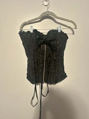 Tictoc Black Lace Satin Zipper Front Overbust Corset with Back Lace Up Back